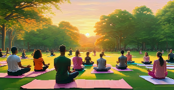 A diverse group of individuals practicing mindfulness and meditation in a peaceful park during sunset, surrounded by trees and colorful sky.