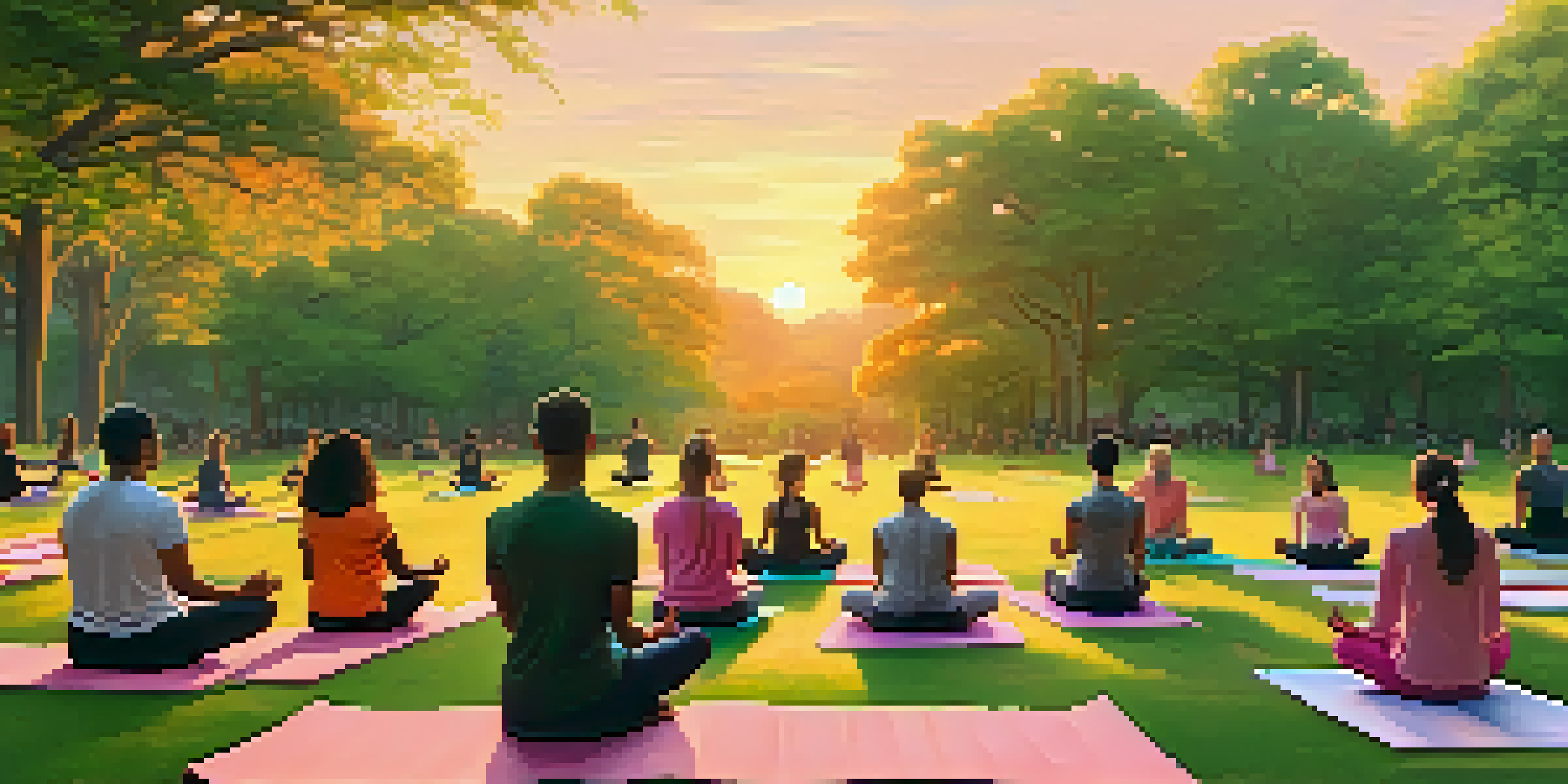 A diverse group of individuals practicing mindfulness and meditation in a peaceful park during sunset, surrounded by trees and colorful sky.