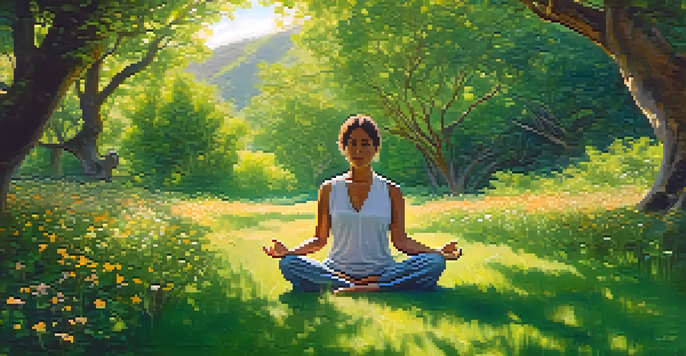 A person meditating under a green tree canopy, surrounded by flowers and grass, enjoying a peaceful outdoor atmosphere.