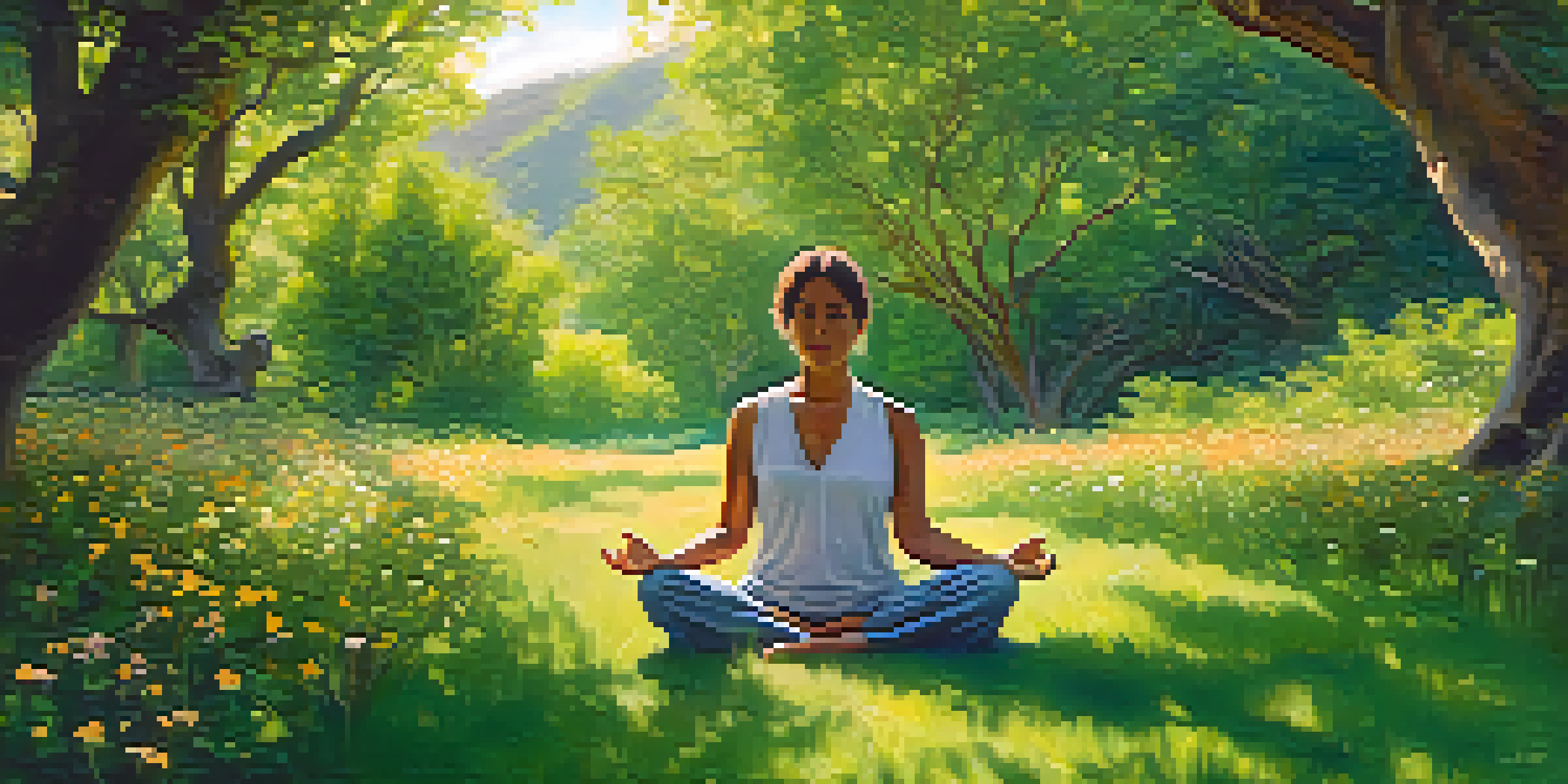 A person meditating under a green tree canopy, surrounded by flowers and grass, enjoying a peaceful outdoor atmosphere.