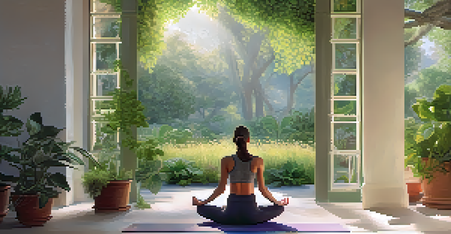 A person doing yoga in a lush garden filled with healing herbs and plants.