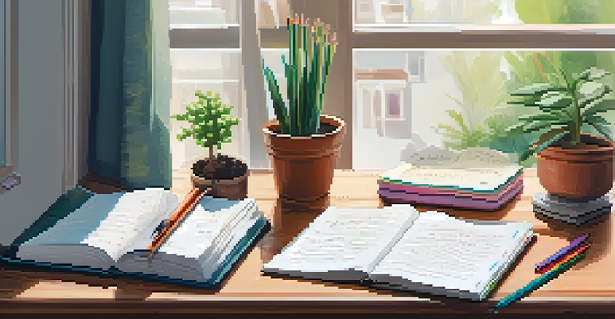 A cozy workspace with an open journal, colorful pens, and a potted plant, illuminated by soft natural light.