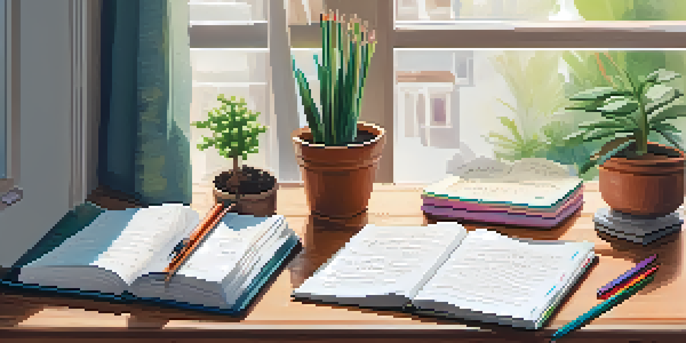 A cozy workspace with an open journal, colorful pens, and a potted plant, illuminated by soft natural light.