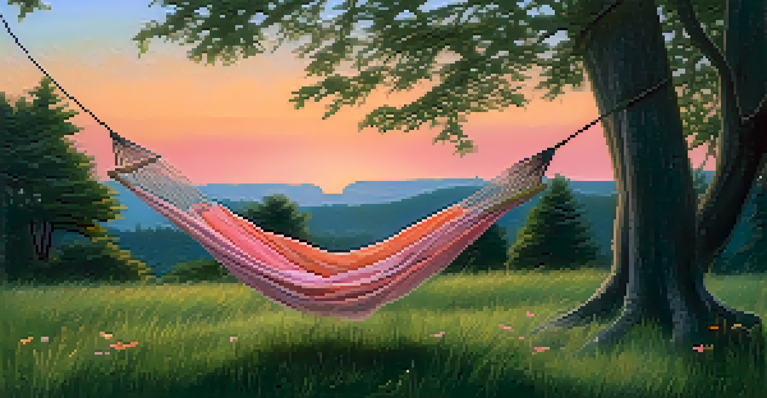 A peaceful outdoor scene with a hammock between trees at dusk, featuring a cozy blanket and an open book, ideal for winding down.