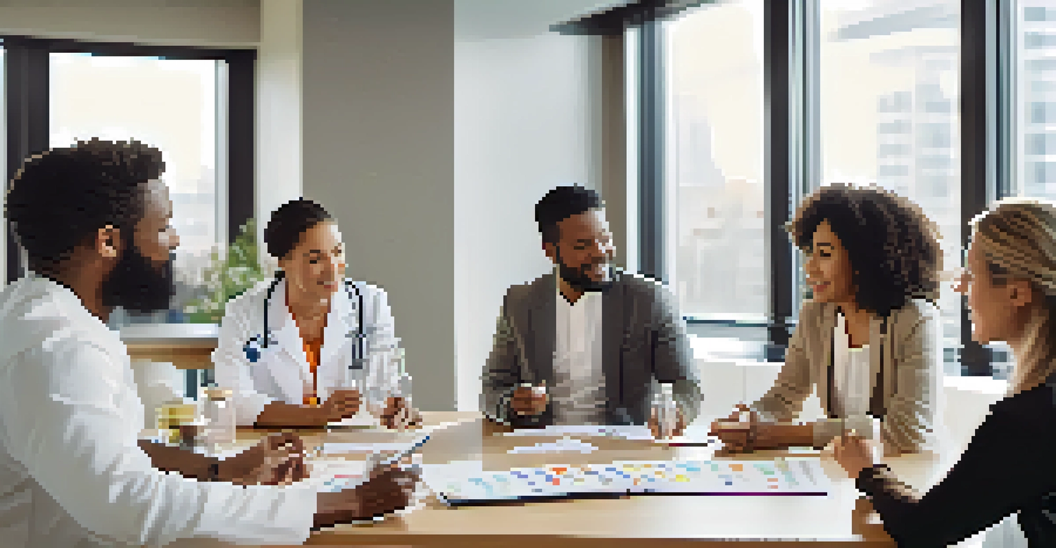 Diverse healthcare practitioners collaborating in a modern conference room.
