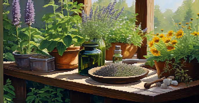 A serene herbal garden with colorful plants and flowers, a wooden bench, and a mortar and pestle in warm sunlight.