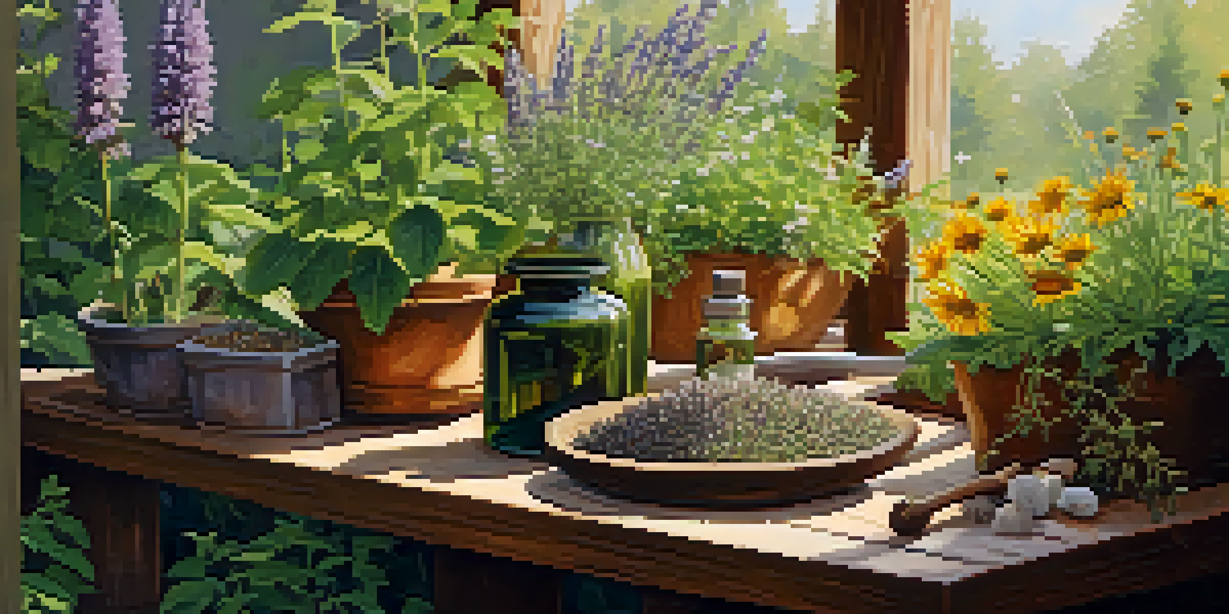 A serene herbal garden with colorful plants and flowers, a wooden bench, and a mortar and pestle in warm sunlight.