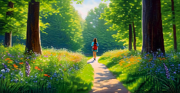 A person walking peacefully in a lush green forest, surrounded by trees and flowers, practicing mindfulness.