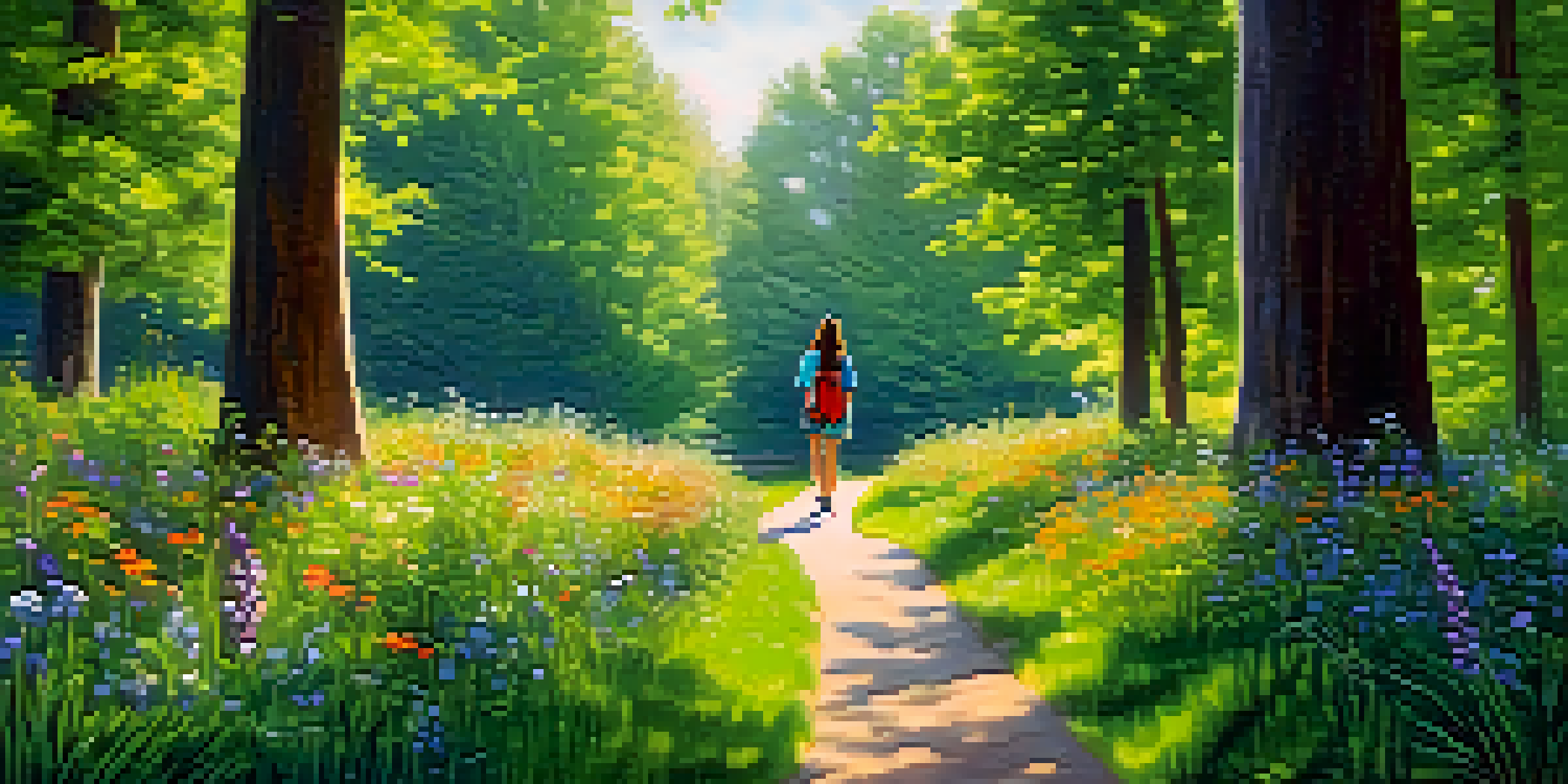 A person walking peacefully in a lush green forest, surrounded by trees and flowers, practicing mindfulness.