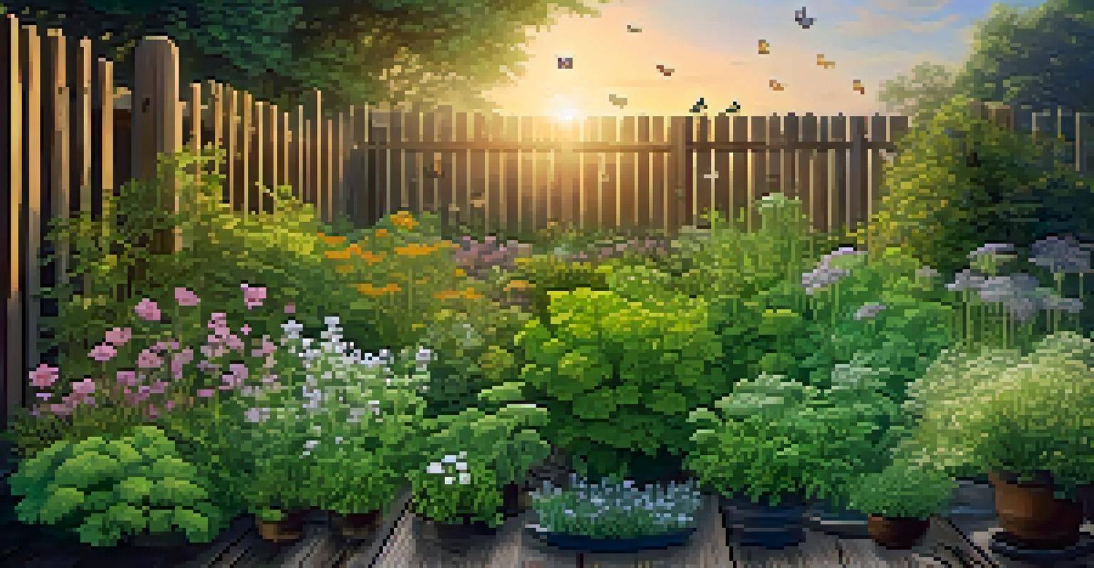 An outdoor herb garden with different herbs and a sunset in the background, creating a peaceful ambiance.