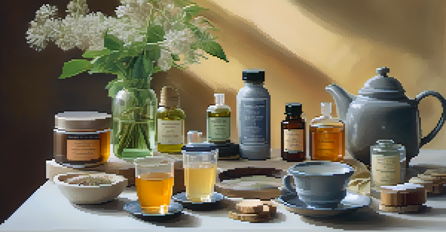 A beautifully arranged table with natural health products like herbal teas and essential oils.