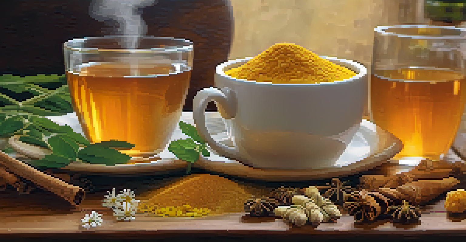 A close-up view of herbal ingredients such as chamomile, ginger, and turmeric on a wooden table, with a cup of herbal tea, highlighting natural healing.