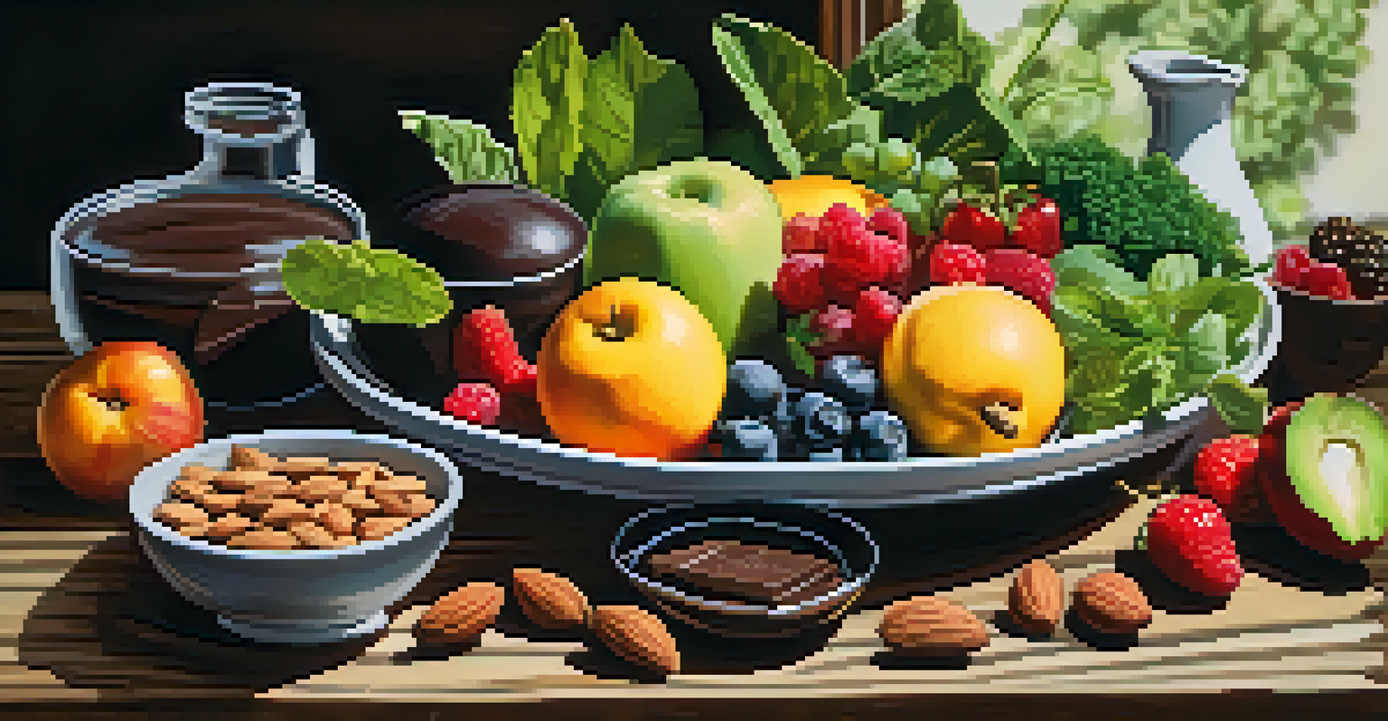 An inviting plate of colorful stress-busting foods including fruits, vegetables, almonds, and dark chocolate on a wooden table.