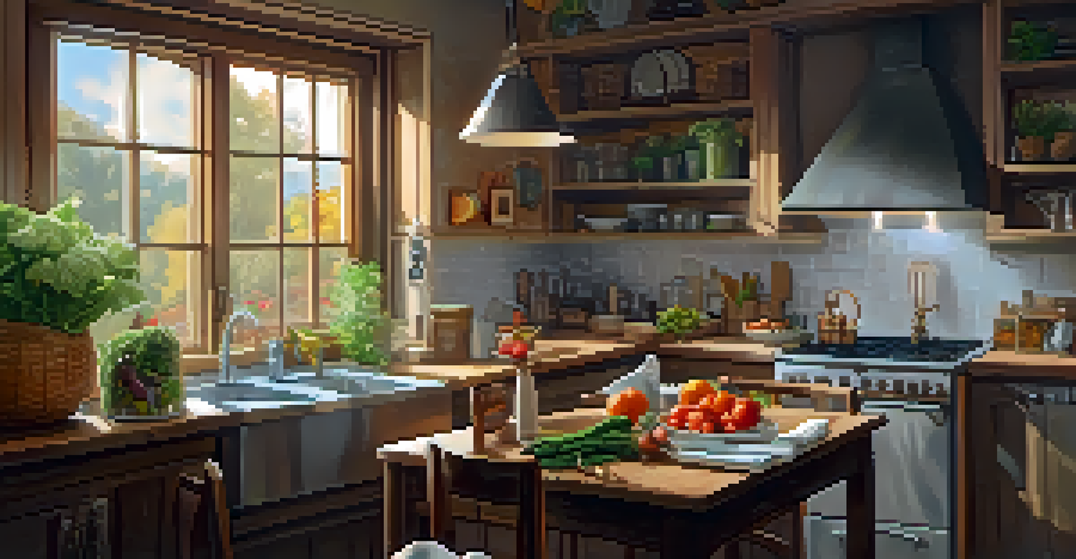 A cozy kitchen where a person is journaling in a food diary, surrounded by fresh ingredients and a glass of water, with warm lighting.