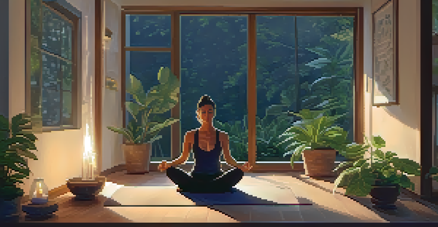 A woman meditating in a warm, plant-filled room with candles, promoting a sense of peace and mindfulness.