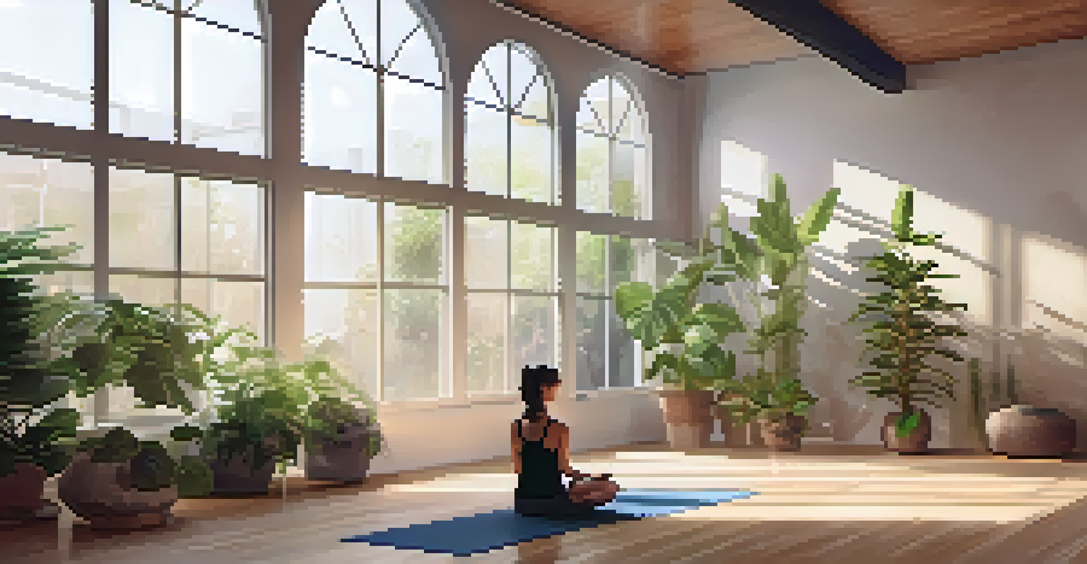 A peaceful yoga studio with a person practicing yoga on a mat, surrounded by greenery and soft ambient lighting.