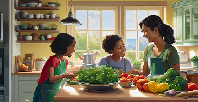 A family happily cooking a healthy meal together in a bright kitchen, surrounded by fresh vegetables and a warm atmosphere.