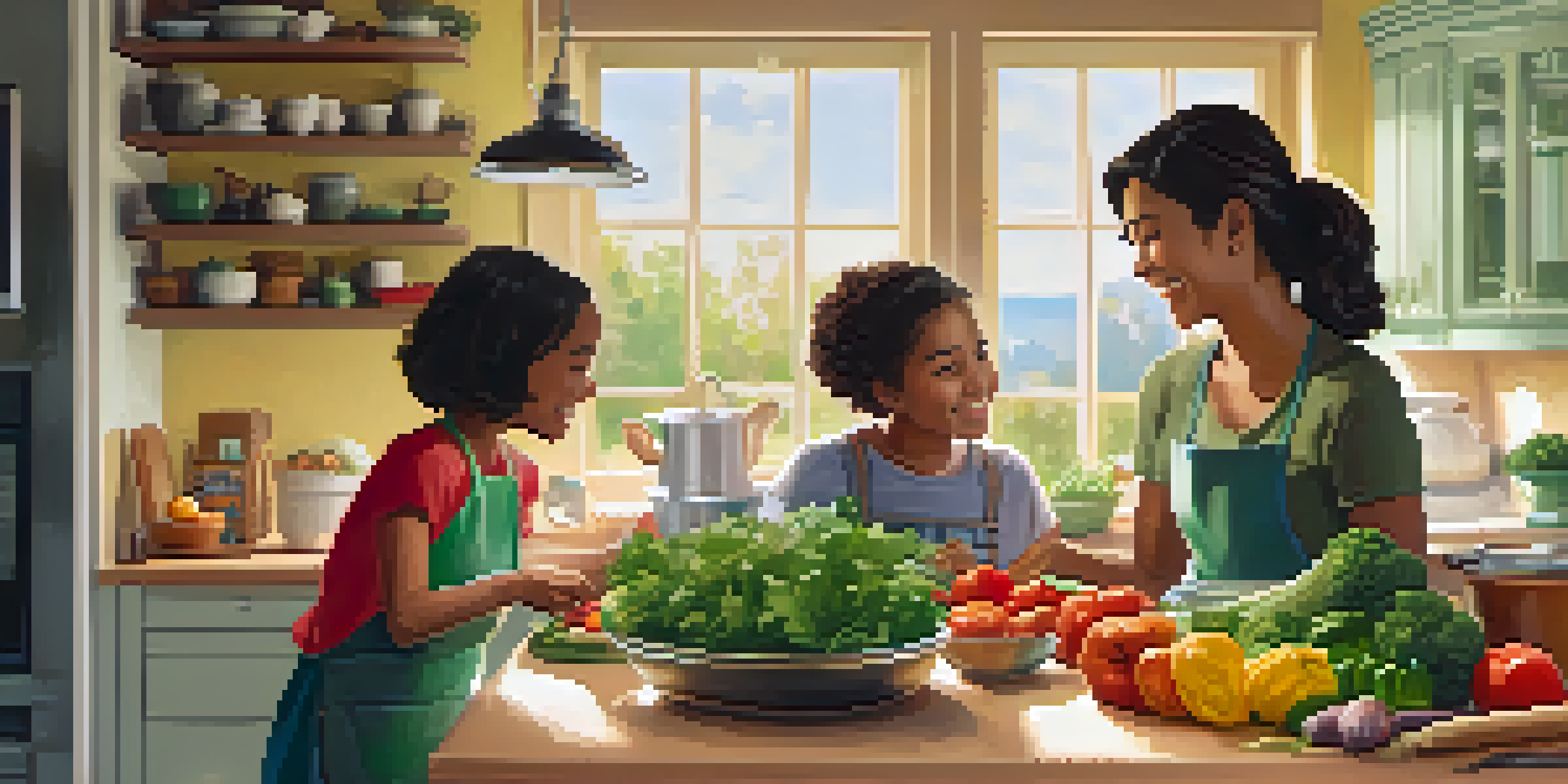 A family happily cooking a healthy meal together in a bright kitchen, surrounded by fresh vegetables and a warm atmosphere.