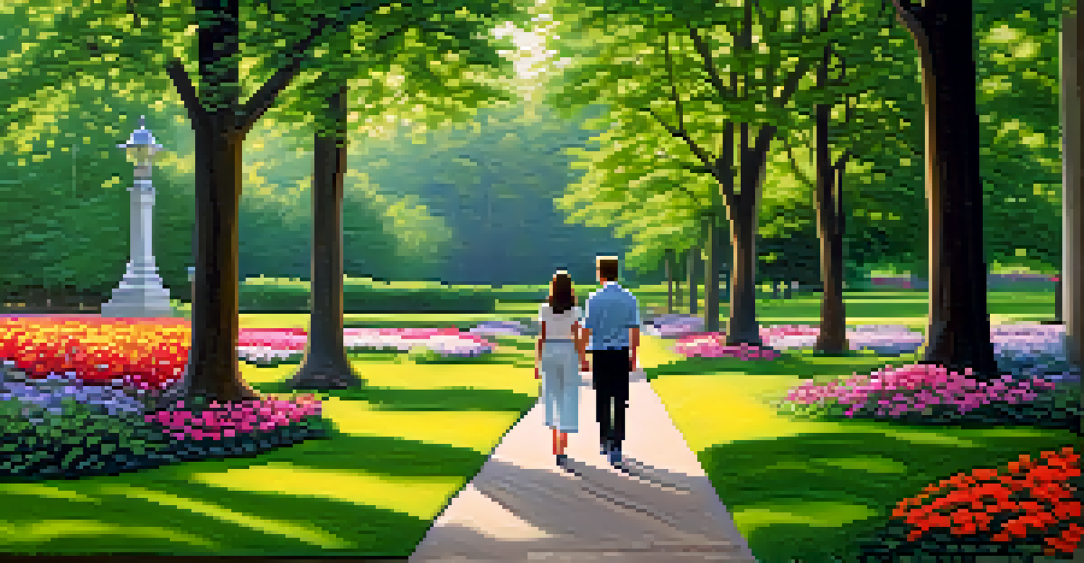 A couple walking hand in hand through a green park, surrounded by flowers and trees, looking happy and connected.