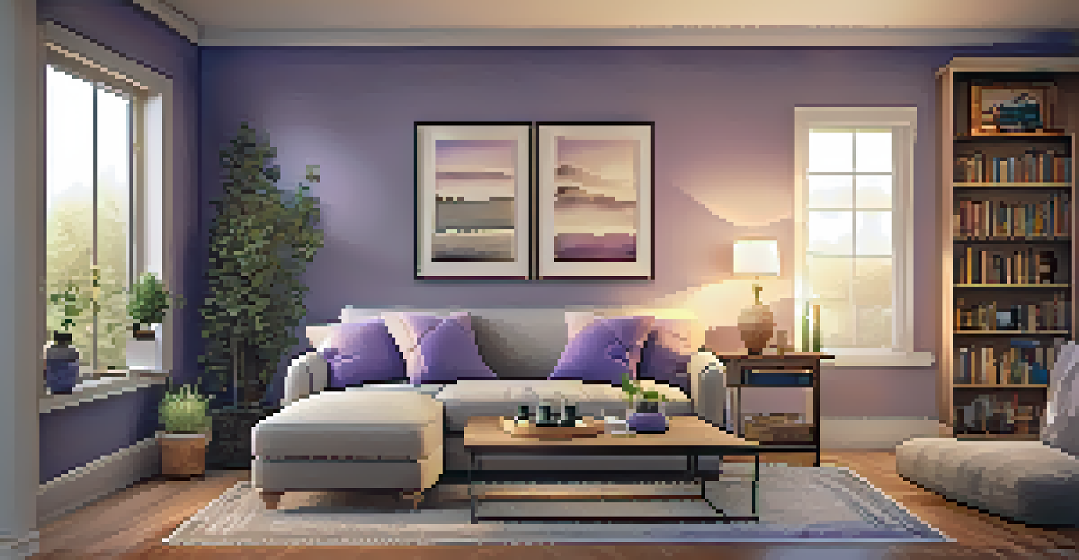 A cozy living room with an essential oil diffuser, soft cushions, and a bookshelf, creating a tranquil and inviting ambiance.