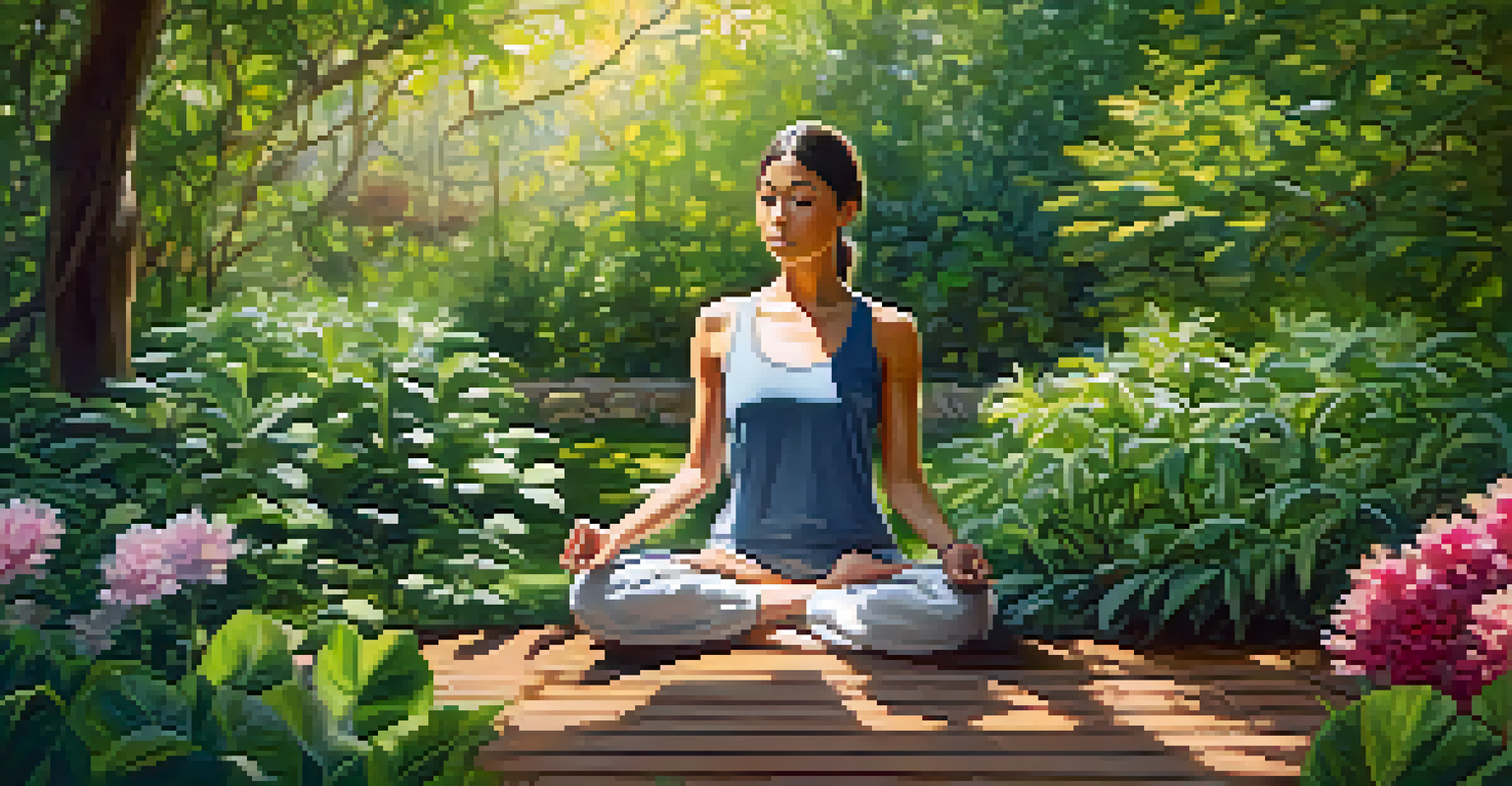 Individual meditating in a peaceful garden with flowers and sunlight.