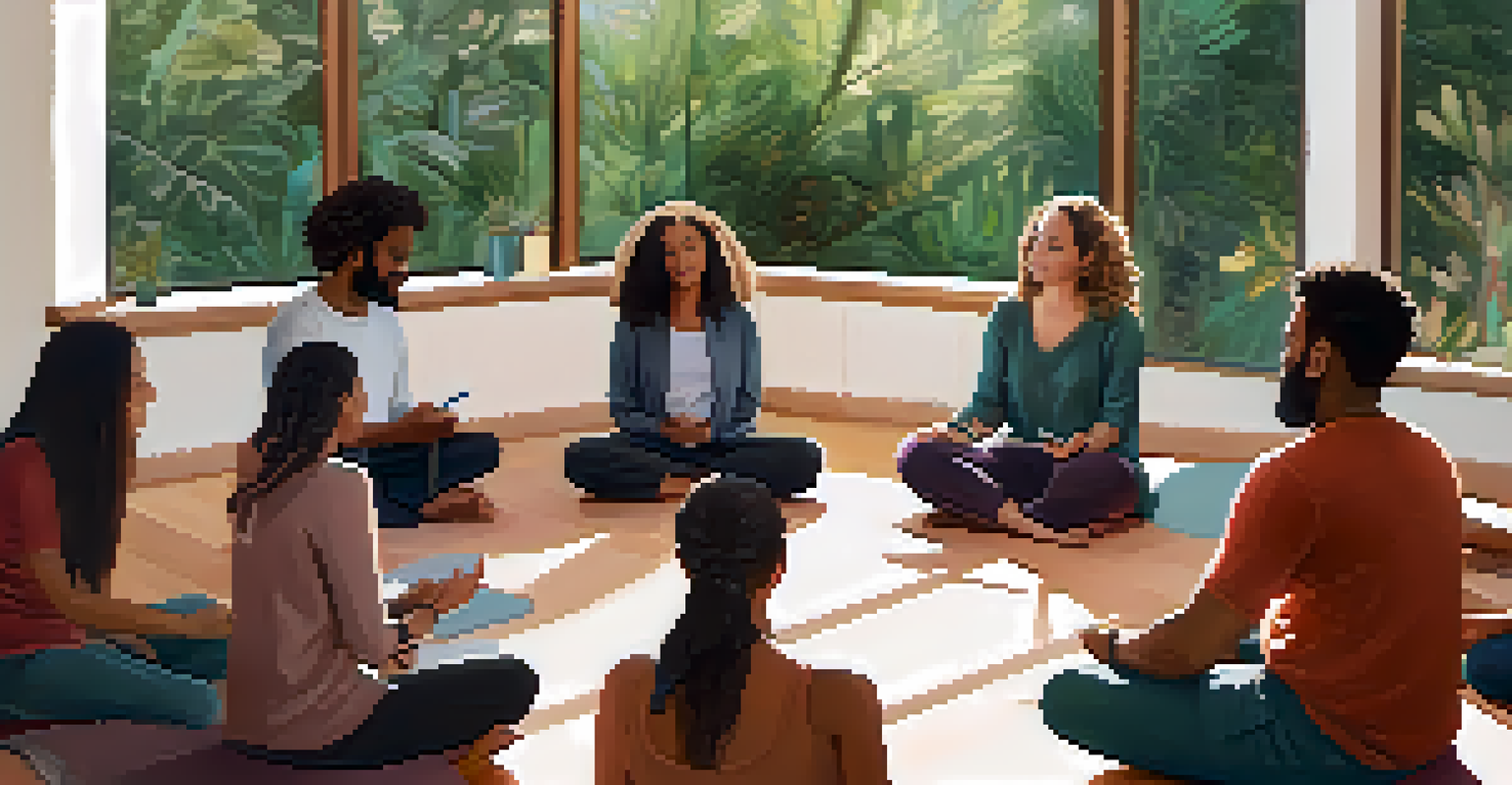 A wellness workshop with individuals sitting in a circle, sharing experiences and knowledge in a naturally lit room filled with calming colors.