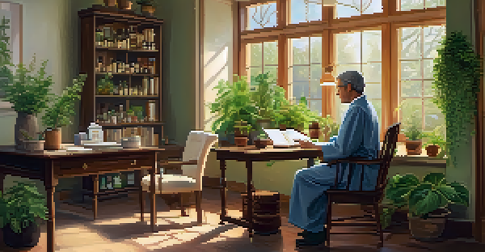 A naturopathic doctor consulting with a patient in a plant-filled office, with sunlight streaming in.