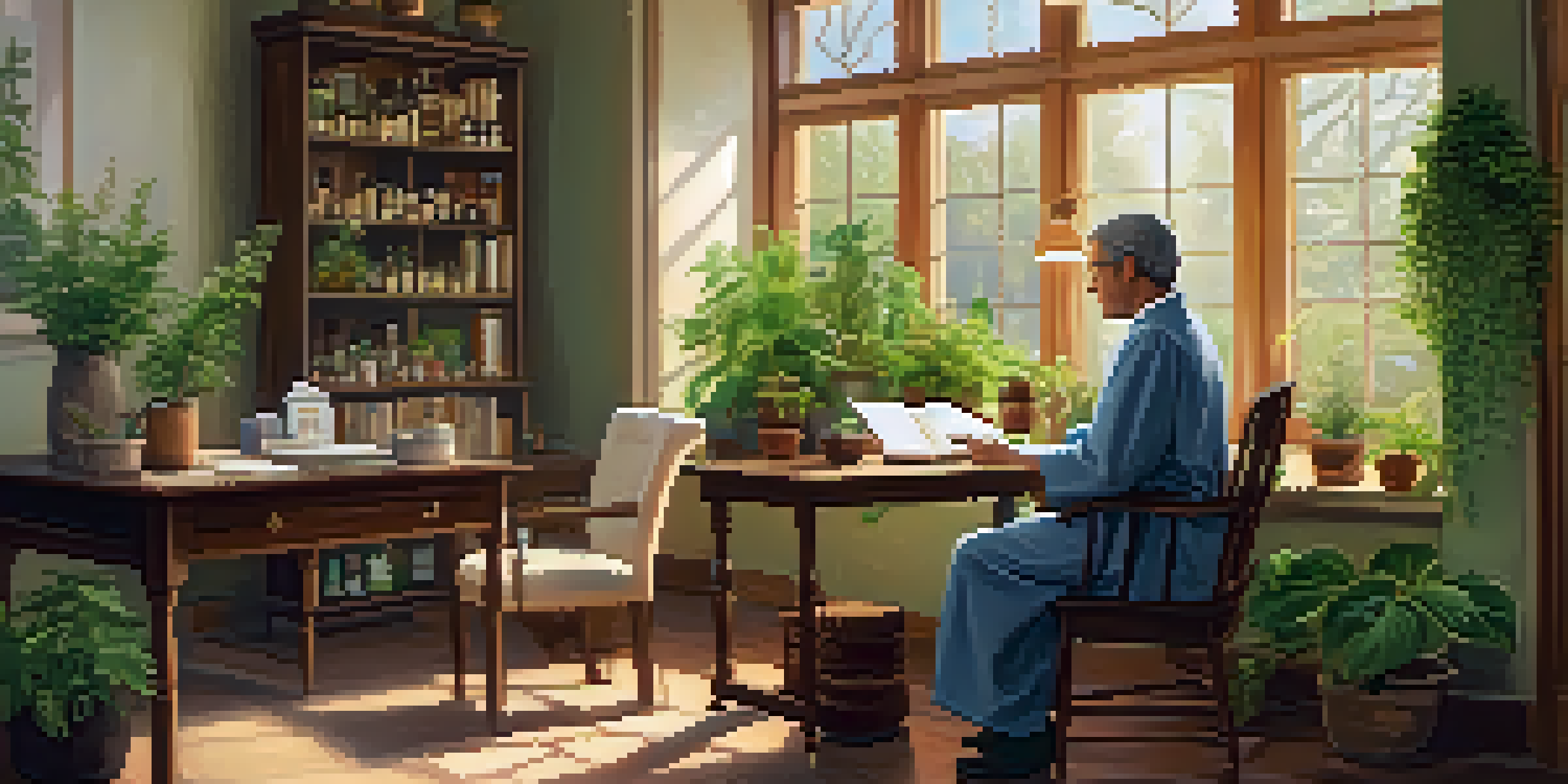 A naturopathic doctor consulting with a patient in a plant-filled office, with sunlight streaming in.