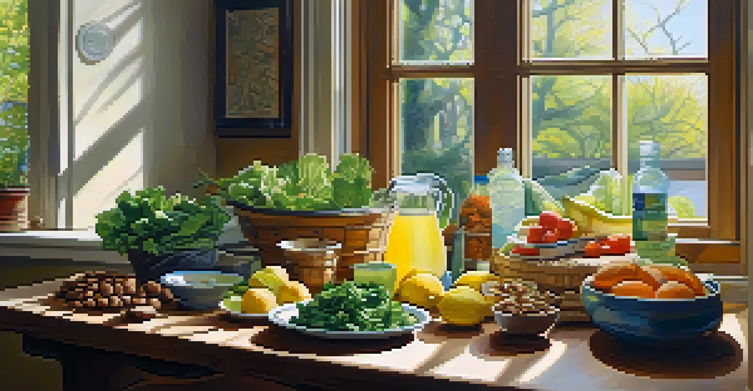 A wooden table filled with fresh fruits, vegetables, fish, and a glass of lemon water in a sunlit kitchen.