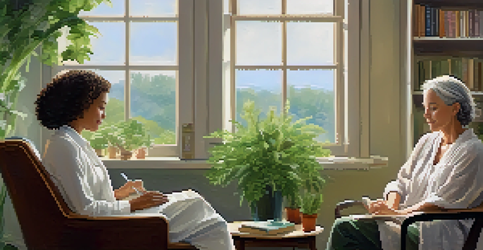 A naturopathic practitioner discussing health with a young cancer patient in a calming room filled with plants and natural light.