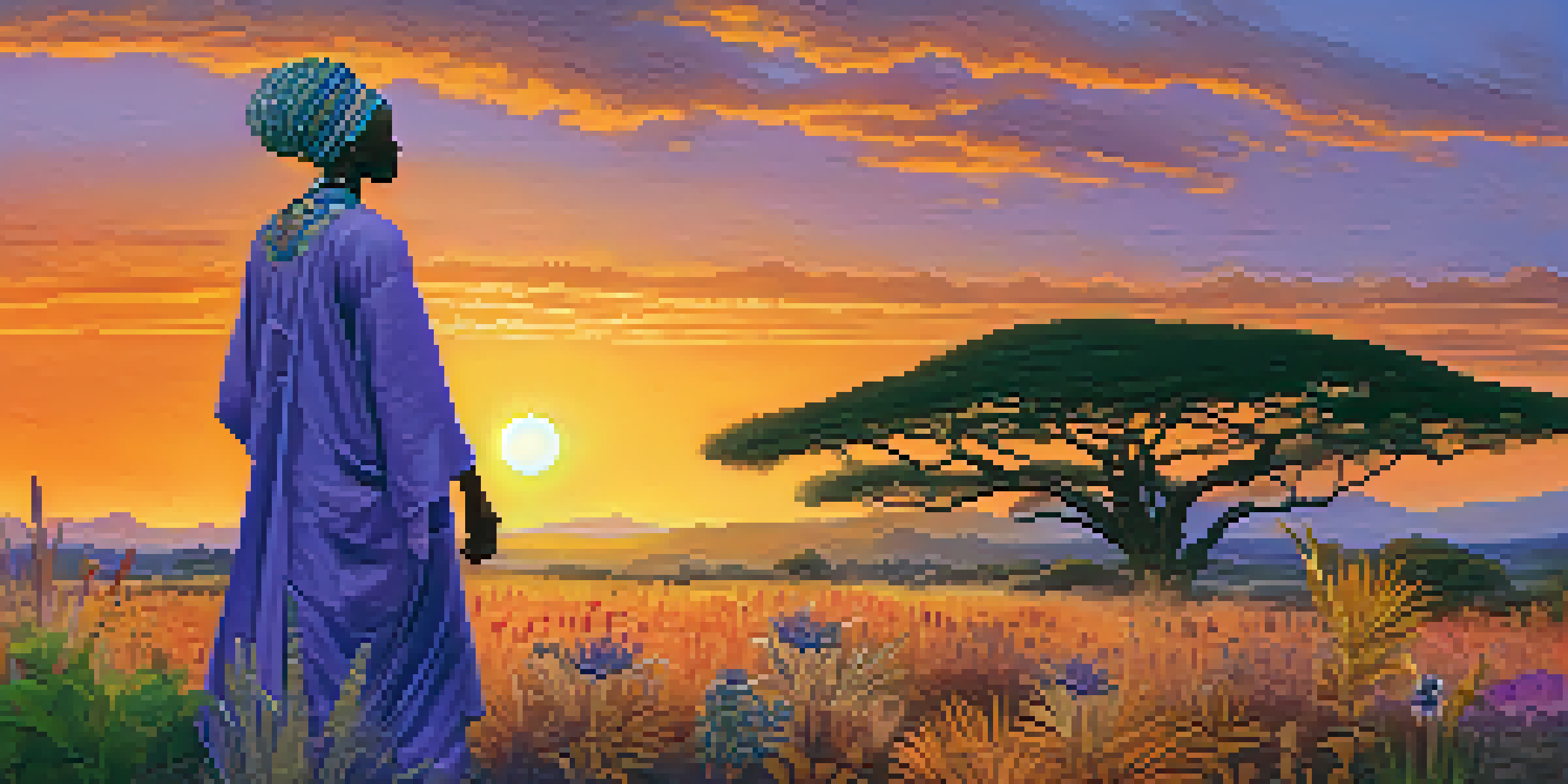 A traditional African healer performing a ritual in a vibrant sunset landscape, surrounded by medicinal plants.