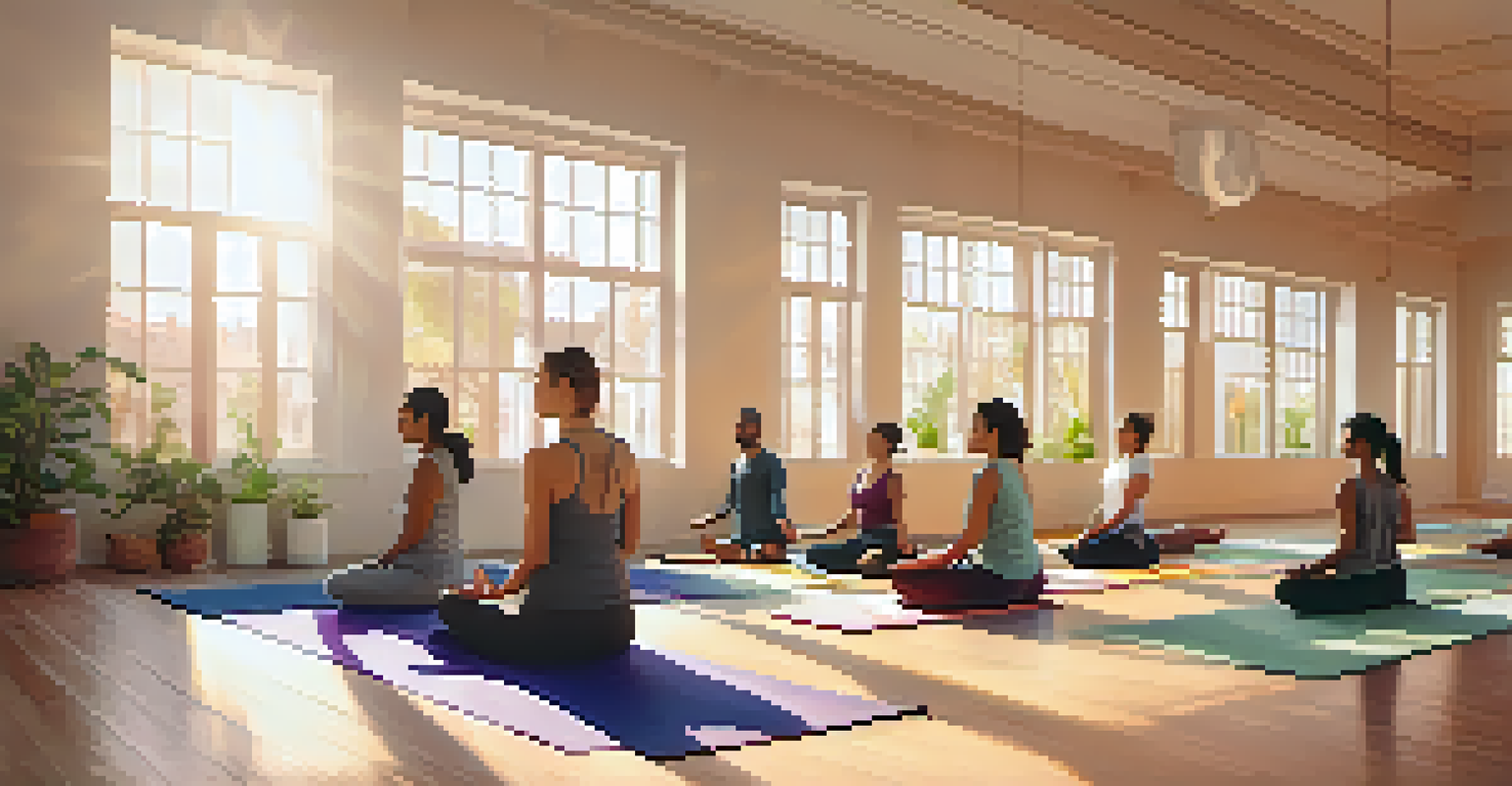 A bright yoga studio with students practicing restorative yoga poses on colorful mats, emphasizing community and tranquility.