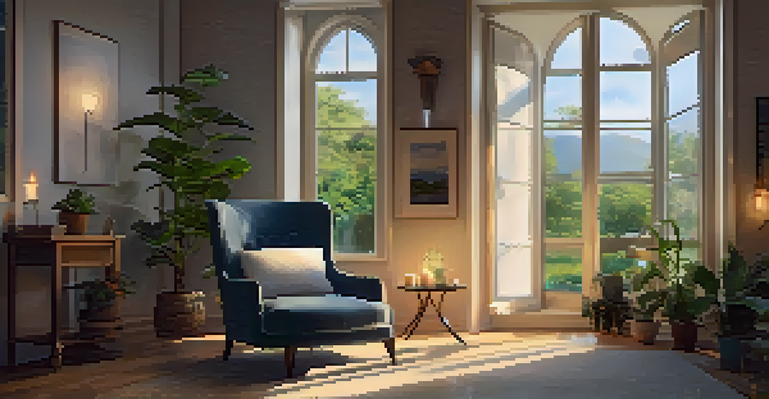 A person sitting in a cozy armchair with closed eyes, surrounded by candles and plants, practicing visualization.