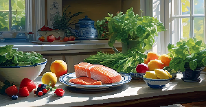 A kitchen table filled with fresh anti-inflammatory foods including greens, berries, and fish, illuminated by soft natural light.