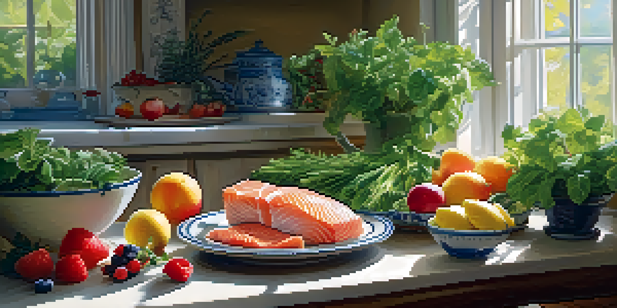 A kitchen table filled with fresh anti-inflammatory foods including greens, berries, and fish, illuminated by soft natural light.