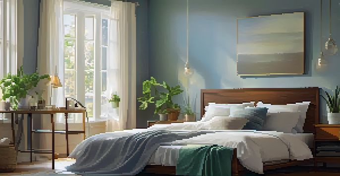 A cozy bedroom with soft linen sheets, natural colors, and warm lighting, promoting a peaceful sleeping environment.