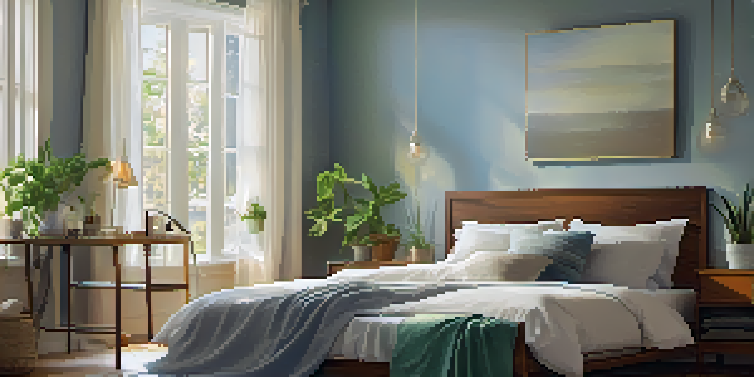 A cozy bedroom with soft linen sheets, natural colors, and warm lighting, promoting a peaceful sleeping environment.