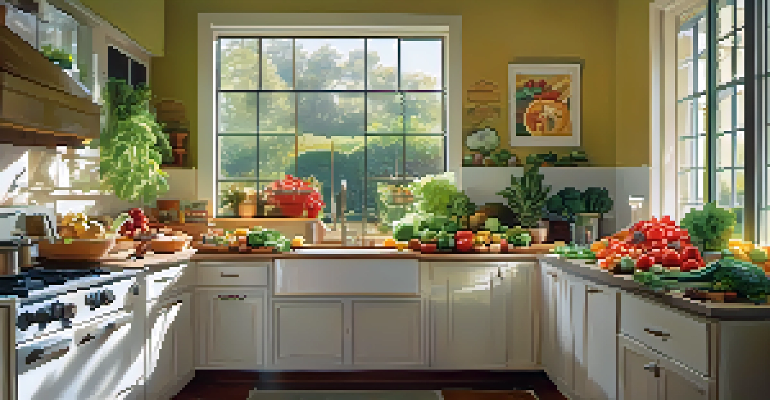 A kitchen countertop filled with fresh fruits and vegetables, illuminated by natural light.