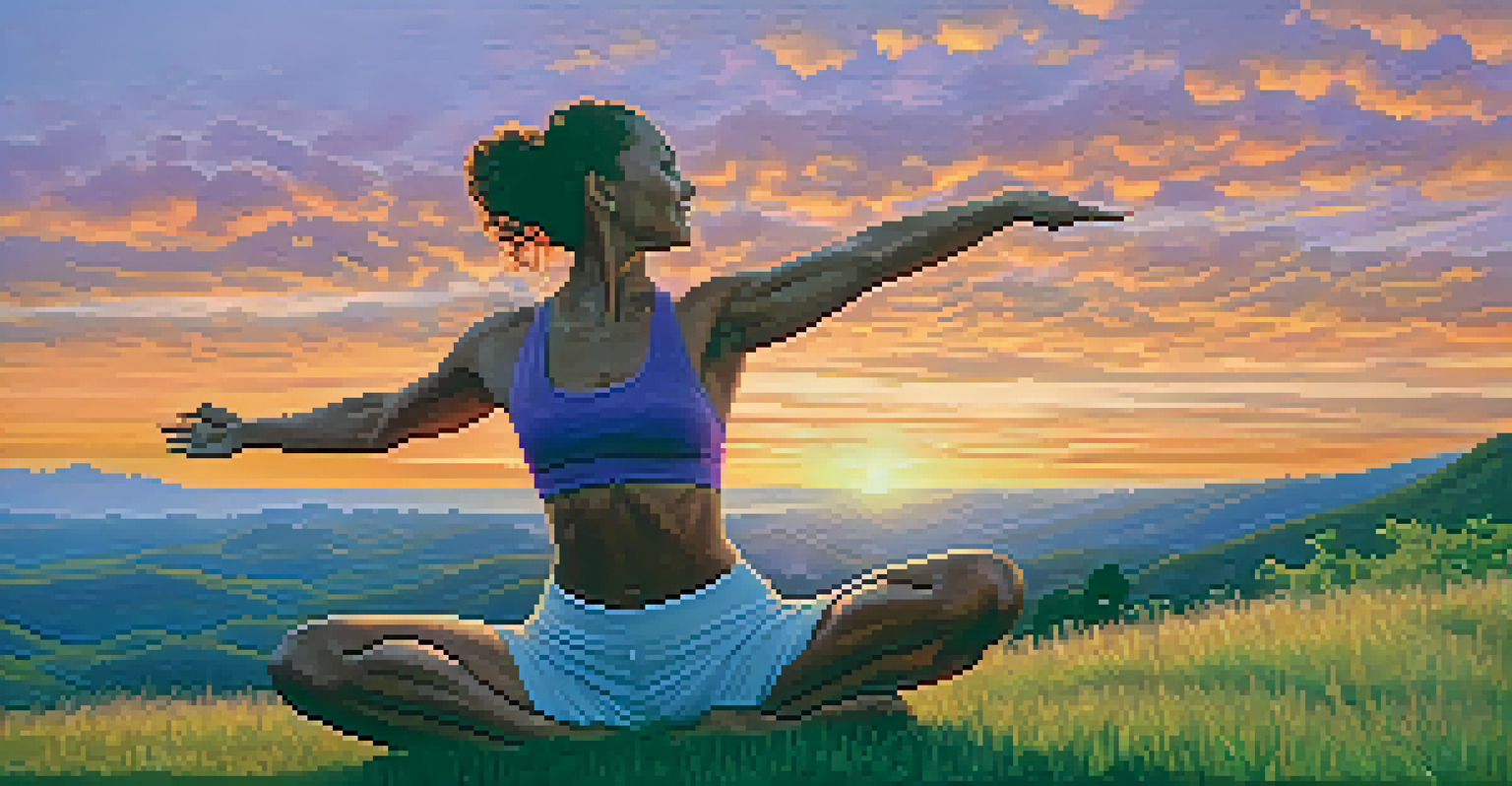 A person practicing Cobra Pose on a hillside during sunset, with a colorful sky and a feeling of joy and connection to nature.