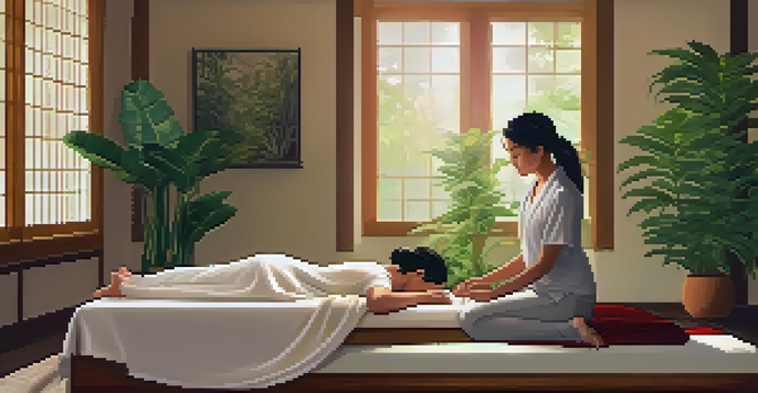 A Reiki healing session with a practitioner and a relaxed client in a calming room.