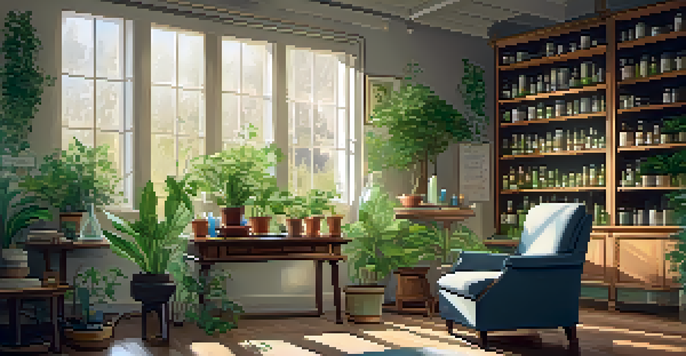 A bright and cozy homeopathy consultation room filled with plants and natural light, featuring glass containers of homeopathic remedies and a warm cup of herbal tea.