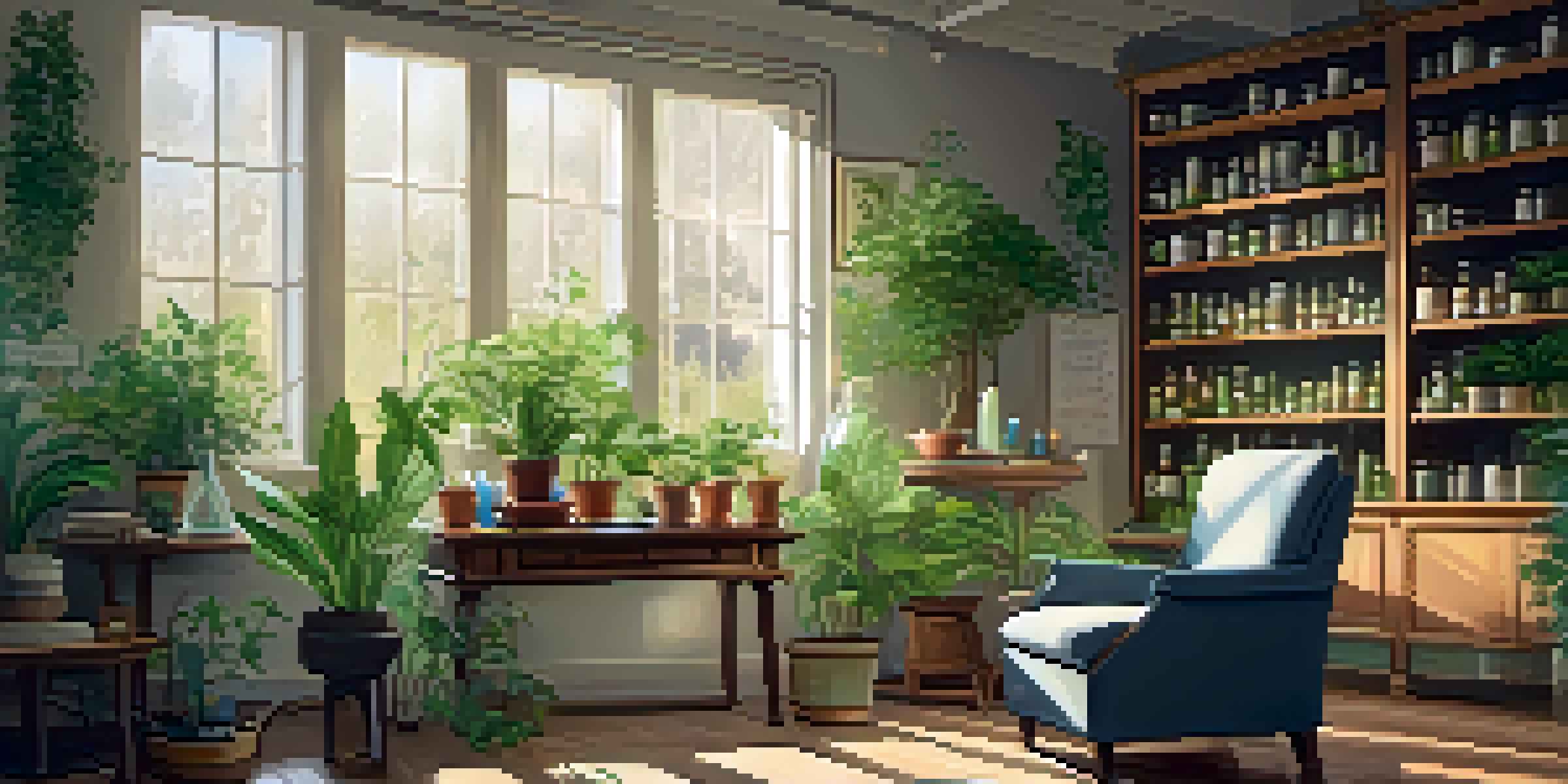 A bright and cozy homeopathy consultation room filled with plants and natural light, featuring glass containers of homeopathic remedies and a warm cup of herbal tea.
