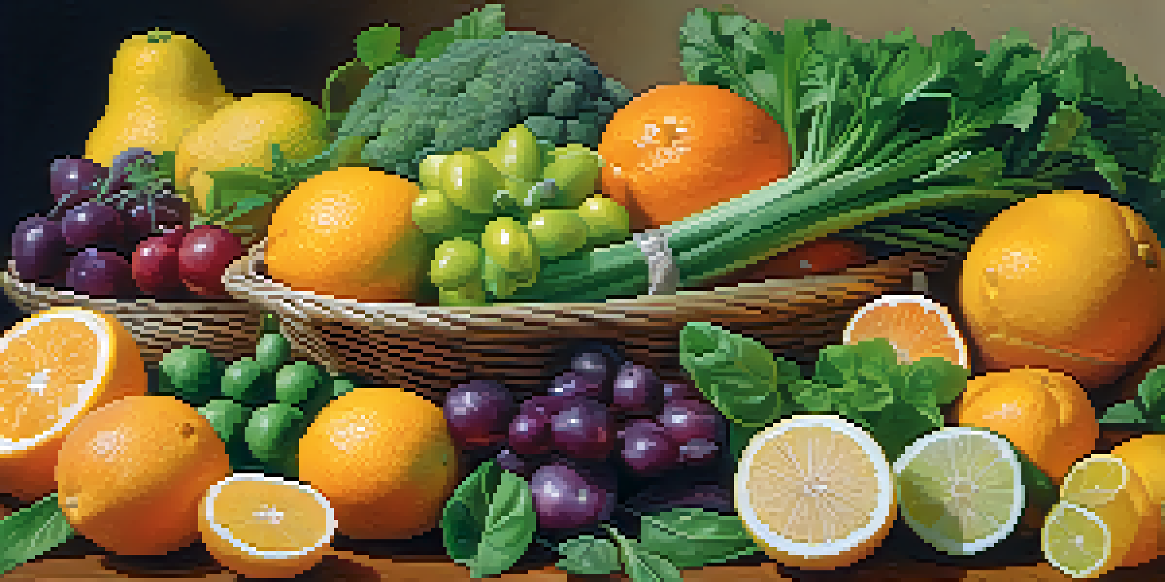 A wooden table filled with fresh fruits and vegetables, including citrus fruits, leafy greens, and herbs, illuminated by soft natural light.