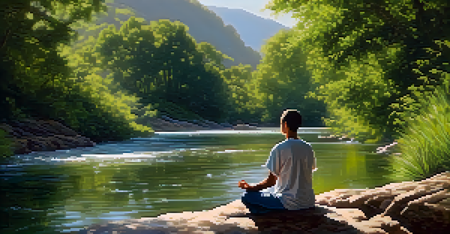 A person meditating peacefully by a river, surrounded by trees and sunlight, representing emotional balance.
