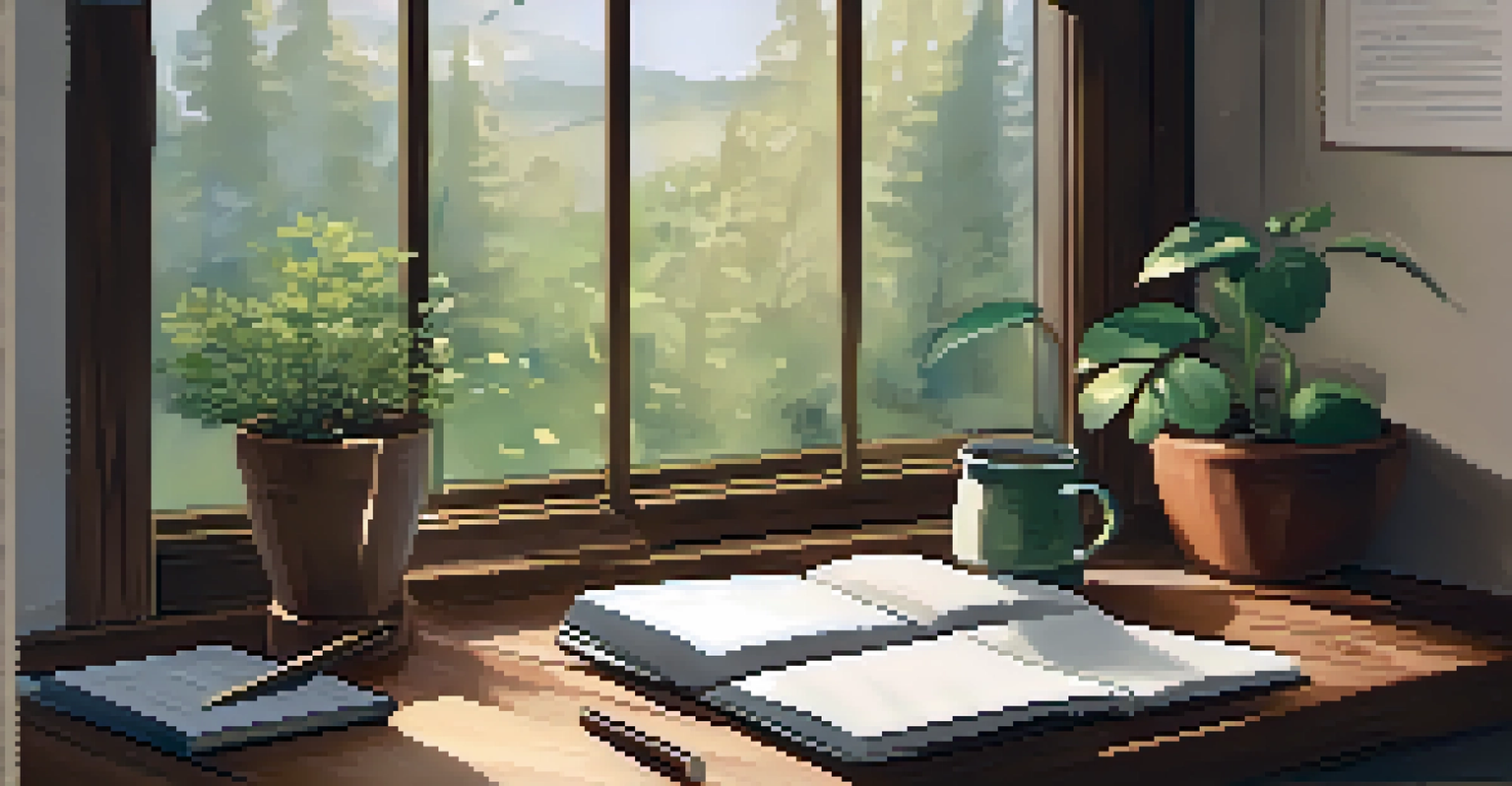 A cozy desk with an open journal, a pen, and a cup of tea, illuminated by natural light, creating a peaceful journaling atmosphere.