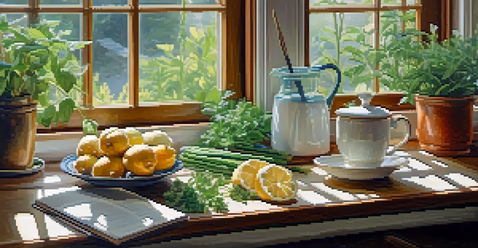 A kitchen table filled with fresh herbs, fruits, and vegetables, with a steaming cup of herbal tea and a notepad, illuminated by soft morning light.