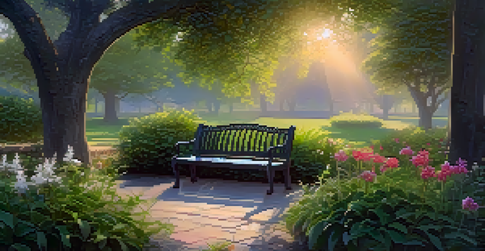 A peaceful herbal garden at sunrise with vibrant plants and a wooden bench.