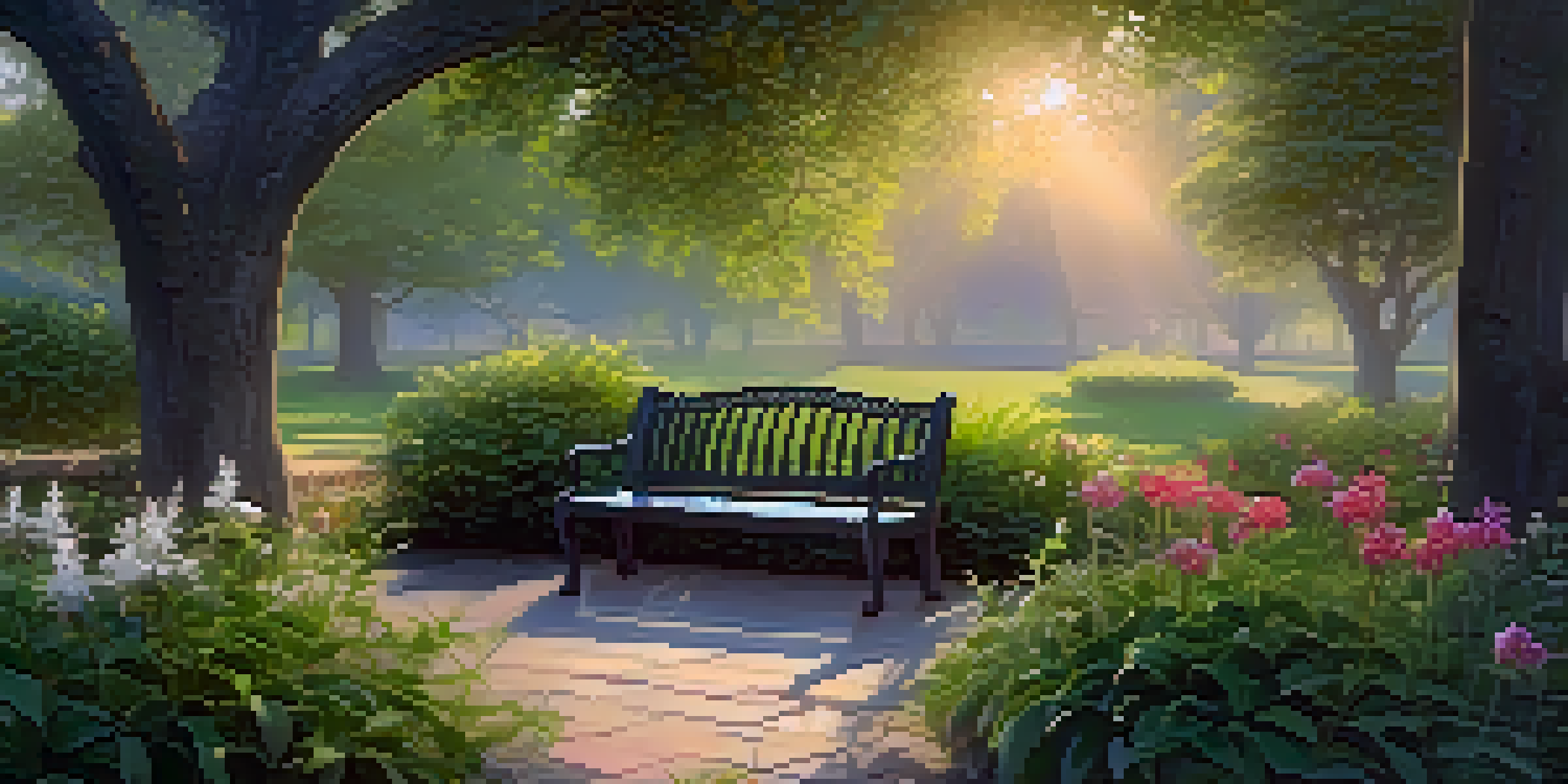 A peaceful herbal garden at sunrise with vibrant plants and a wooden bench.