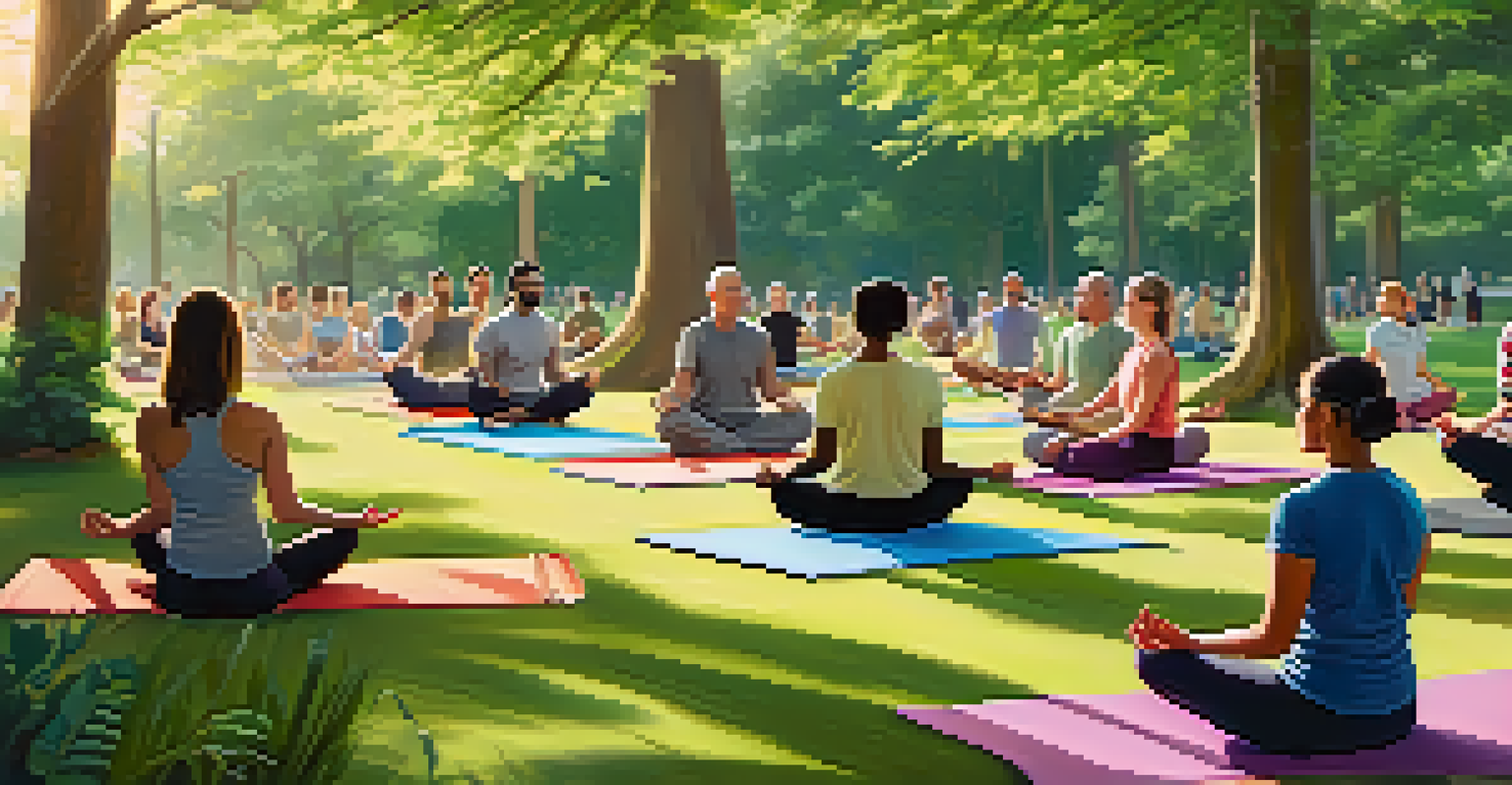 People practicing yoga and meditation in a peaceful park surrounded by trees and greenery.
