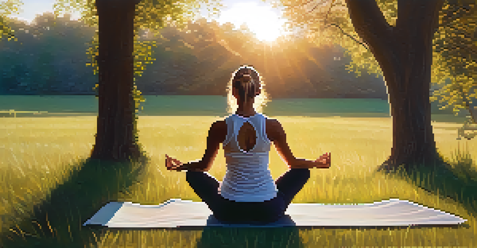 A person practicing yoga in a grassy field at sunset surrounded by trees.